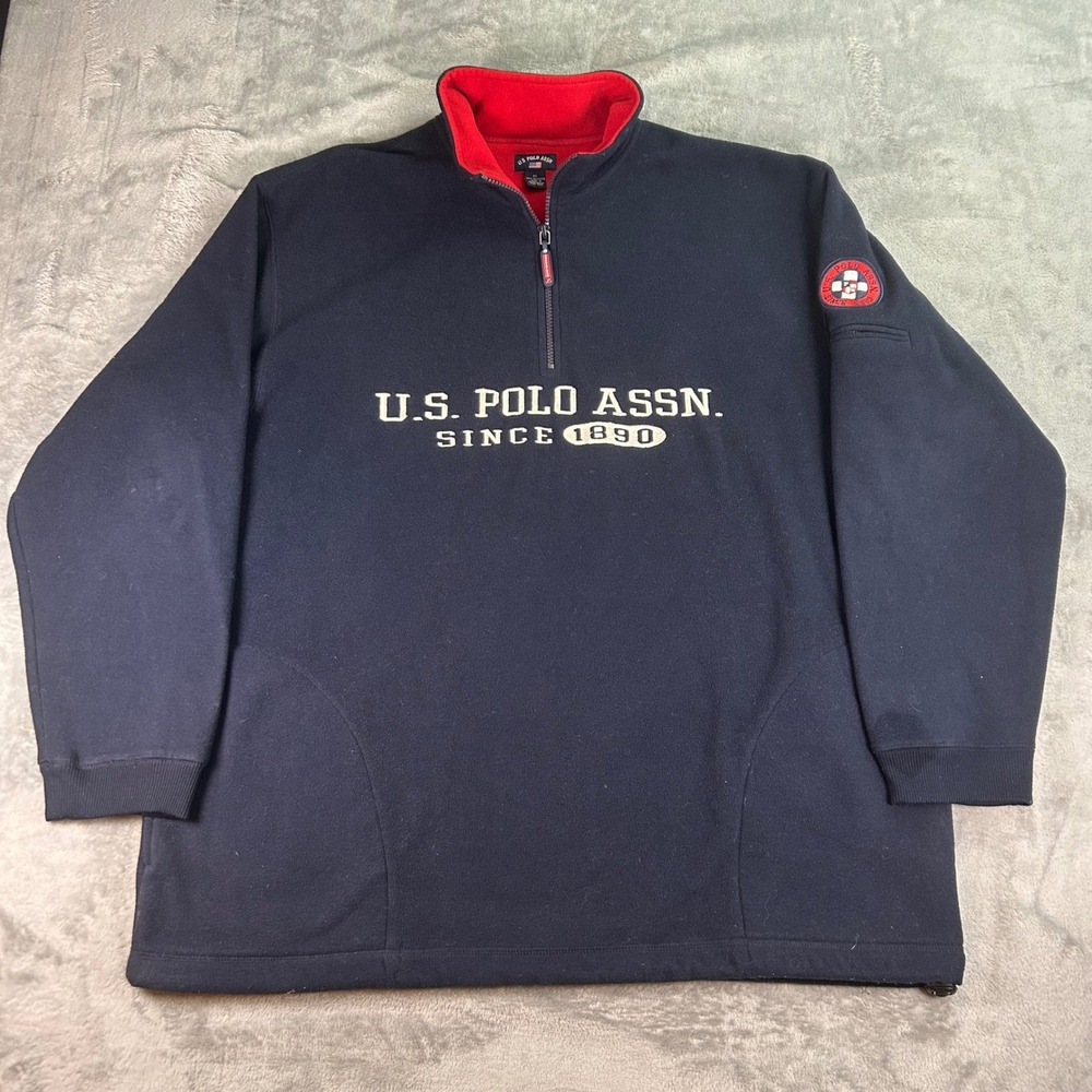 US Polo Assn Mens Quarter Zip Fleece Pullover Navy Blue XL Logo Sleeve Pocket